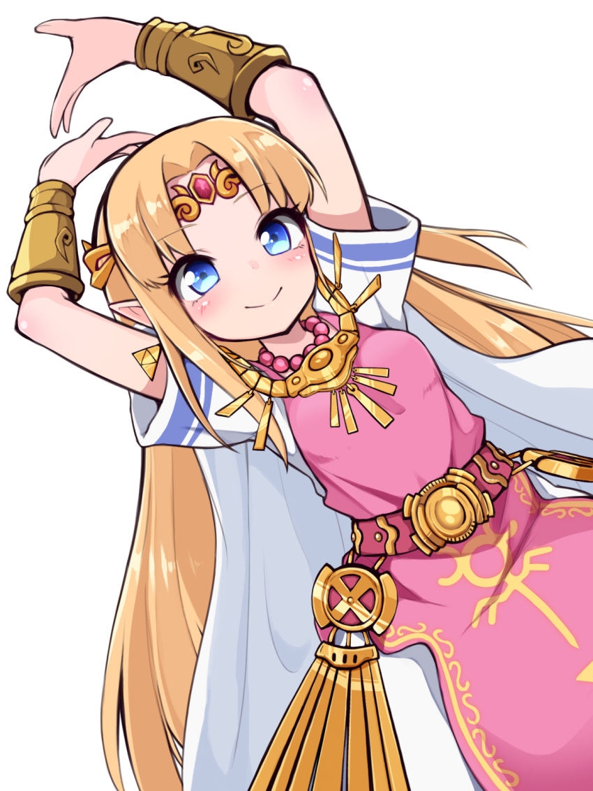 1girl arms_up bangs belt blonde_hair blue_eyes bracer breasts cape circlet closed_mouth cowboy_shot dress dutch_angle earrings eyebrows_visible_through_hair highres jewelry long_hair looking_at_viewer morino_donguri necklace nintendo parted_bangs pearl_necklace pointy_ears princess_zelda shiny shiny_hair short_sleeves sidelocks simple_background small_breasts smile solo straight_hair super_smash_bros._ultimate tabard the_legend_of_zelda triforce very_long_hair white_background white_cape white_dress