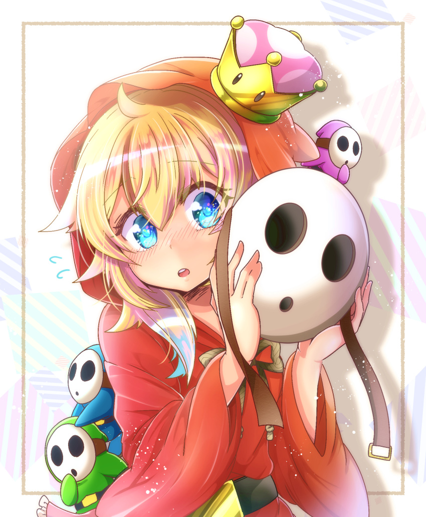 1girl :o ahoge bangs belt blush cloak creature crown eyebrows_visible_through_hair highres holding holding_mask hood hood_up hooded_cloak humanization long_hair long_sleeves super_mario_bros. mask mask_removed multicolored_hair new_super_mario_bros._u_deluxe nintendo nose_blush open_mouth peeking pina710 pink_hair round_teeth shy_guy solo_focus streaked_hair striped striped_background super_crown teeth upper_body upper_teeth wide_sleeves