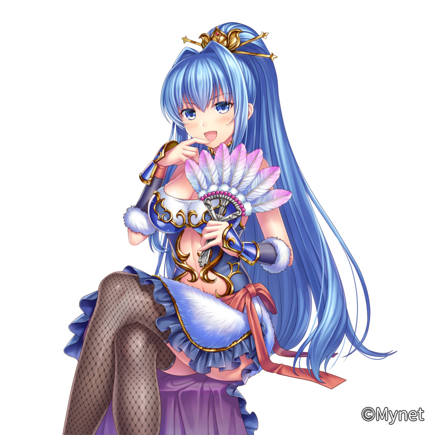 1girl :d blue_eyes blue_hair blue_skirt blush bracer breasts brown_legwear cleavage company_name feather_fan fishnet_pantyhose fishnets fur_trim hair_intakes hair_ornament hair_stick hand_up highres invisible_chair jewelry large_breasts legs_crossed long_hair looking_at_viewer midriff navel official_art open_mouth otosume_ruiko pantyhose ponytail red_ribbon ribbon sangoku_infinity simple_background sitting skirt smile solo very_long_hair white_background