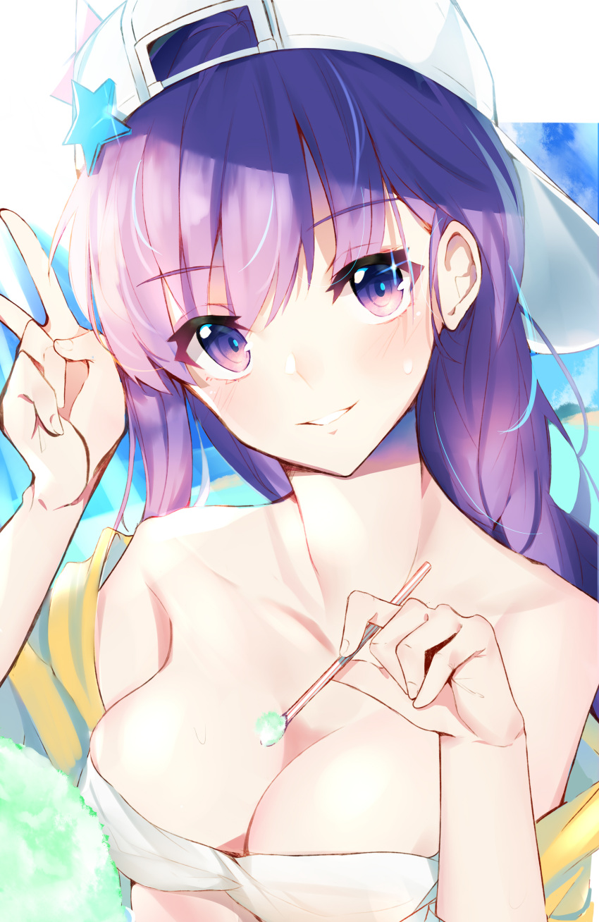 1girl absurdres arm_up backwards_hat bangs bare_shoulders baseball_cap bb_(fate)_(all) bb_(swimsuit_mooncancer)_(fate) beach bikini bikini_top braid breasts cleavage collarbone commentary eyebrows_visible_through_hair fate/grand_order fate_(series) food hand_up hat highres holding holding_spoon large_breasts long_hair looking_at_viewer off_shoulder purple_hair shaved_ice shirt single_braid skirt spoon star swimsuit upper_body v very_long_hair violet_eyes white_bikini white_bikini_top white_hat yanggang yellow_shirt yellow_skirt