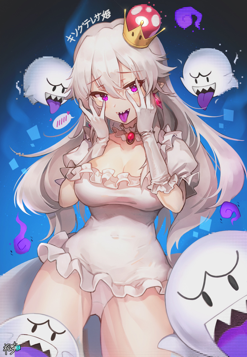 1girl :d bangs blush boo breasts cleavage collarbone commentary_request crown earrings elbow_gloves eyebrows_visible_through_hair frilled_gloves frilled_leotard frills gloves glowing glowing_eyes grey_hair hair_between_eyes hands_on_own_cheeks hands_on_own_face heart highres jewelry kyjsogom large_breasts leotard long_hair luigi's_mansion super_mario_bros. mini_crown new_super_mario_bros._u_deluxe nintendo open_mouth pixelated pointy_ears princess_king_boo puffy_short_sleeves puffy_sleeves purple_tongue sharp_teeth short_sleeves signature smile spoken_blush super_crown teeth tilted_headwear tongue tongue_out translated very_long_hair violet_eyes white_gloves white_leotard