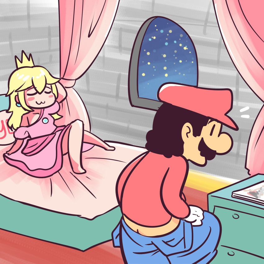 1boy 1girl 1koma absurdres bed blonde_hair blue_overalls brooch butt_crack comic commentary dress facial_hair gimme2000 hat highres jewelry long_hair mario super_mario_bros. mustache nintendo on_bed pants_down pink_dress princess_peach red_hat red_shirt shirt super_mario_bros. window