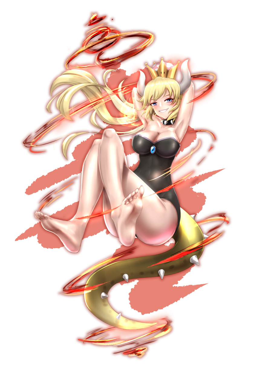 1girl absurdres armpits arms_behind_head arms_up bare_shoulders blonde_hair blue_eyes blush bowsette bracelet breasts cleavage collar crown dress earrings highres horns jewelry large_breasts long_hair looking_at_viewer super_mario_bros. nintendo p_ion pointy_ears ponytail sharp_teeth shell solo spiked_bracelet spiked_collar spikes super_crown tail teeth
