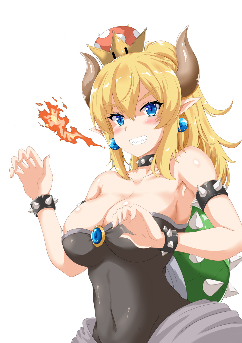 1girl absurdres ainna_(kekai) bare_shoulders blonde_hair blue_eyes blush bowsette bracelet breasts cleavage collar collarbone covered_navel crown earrings eyebrows eyebrows_visible_through_hair fire highres horns jewelry large_breasts looking_at_viewer super_mario_bros. new_super_mario_bros._u_deluxe nintendo pointy_ears sharp_teeth simple_background smile solo spiked_armlet spiked_bracelet spiked_collar spikes super_crown super_mario_bros. teeth v-shaped_eyebrows white_background