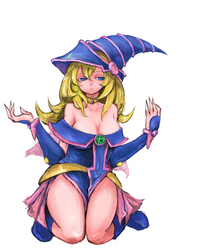 blonde_hair blue_eyes blue_footwear breasts choker cleavage collarbone dark_magician_girl duel_monster full_body hair_between_eyes hands_up hat heart highres kneeling large_breasts long_hair off_shoulder pentacle pentagram rokuta66 simple_background sleeveless white_background wizard_hat yu-gi-oh! yuu-gi-ou yuu-gi-ou_duel_monsters