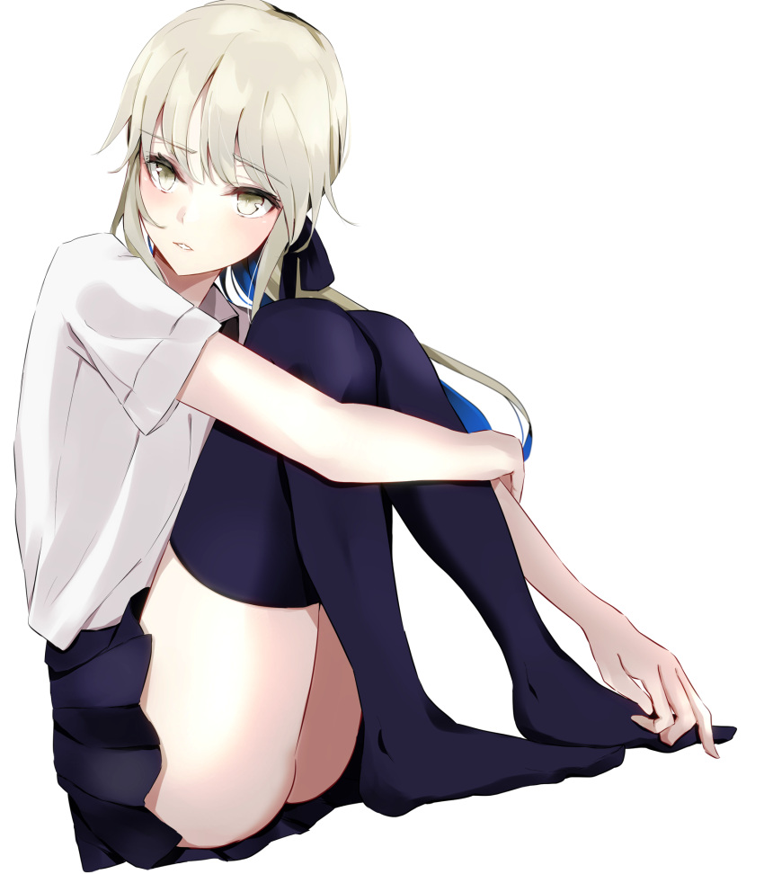 1girl artoria_pendragon_(all) ass bangs blonde_hair eyebrows_visible_through_hair fate/grand_order fate_(series) hair_between_eyes hair_ribbon highres inafu knees_up open_mouth pleated_skirt ponytail ribbon saber saber_alter shirt simple_background sitting skirt solo thigh-highs white_background white_shirt yellow_eyes