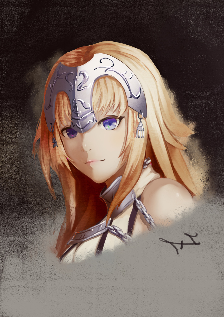 1girl absurdres blonde_hair blue_eyes chains cropped_torso fate/apocrypha fate_(series) headpiece highres jeanne_d'arc_(fate) jeanne_d'arc_(fate)_(all) long_hair looking_at_viewer ludwind221 portrait shiny shiny_skin sleeveless smile solo
