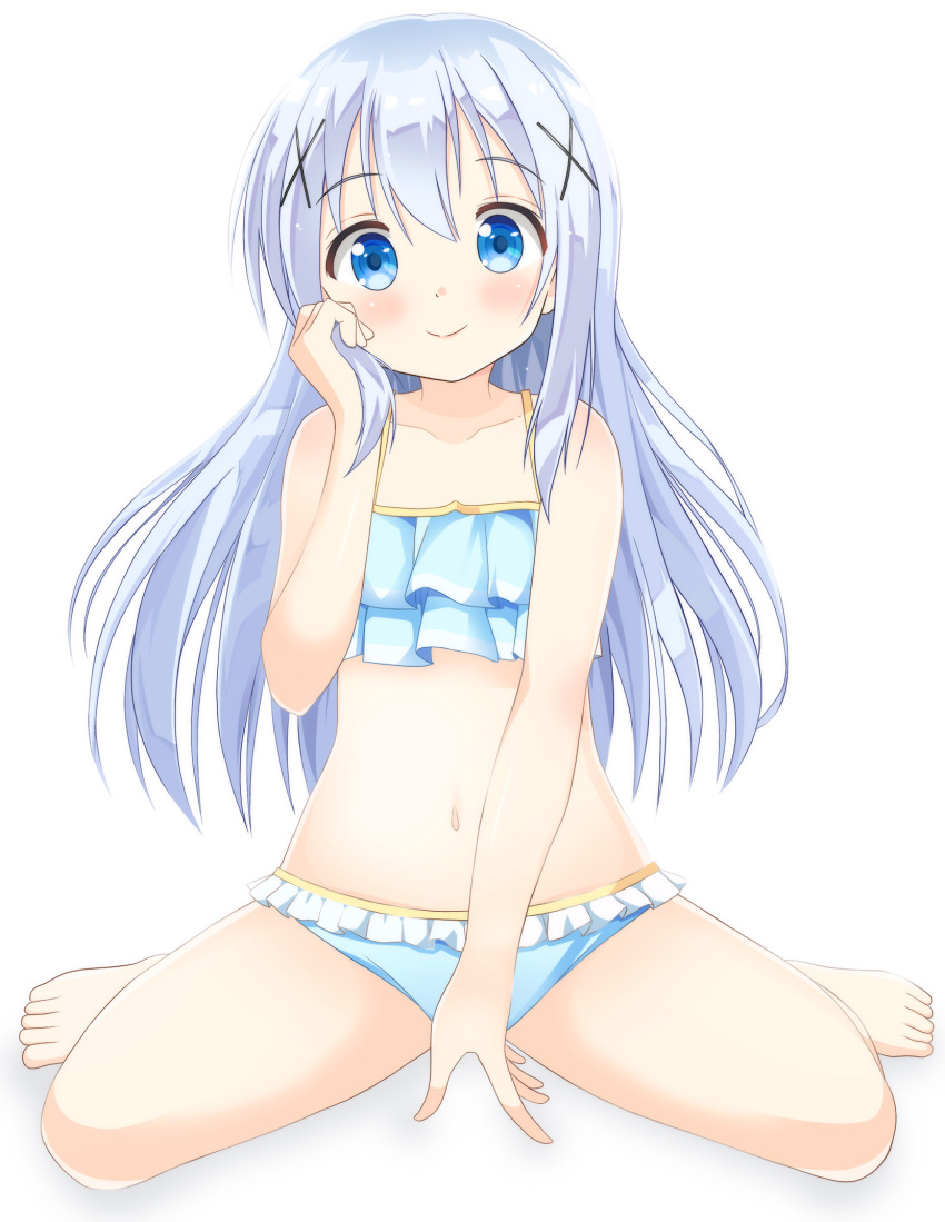 1girl barefoot bikini blue_bikini blue_swimsuit gochuumon_wa_usagi_desu_ka? hair_ornament hairclip highres holding holding_hair kafuu_chino long_hair navel smile solo spread_legs swimsuit