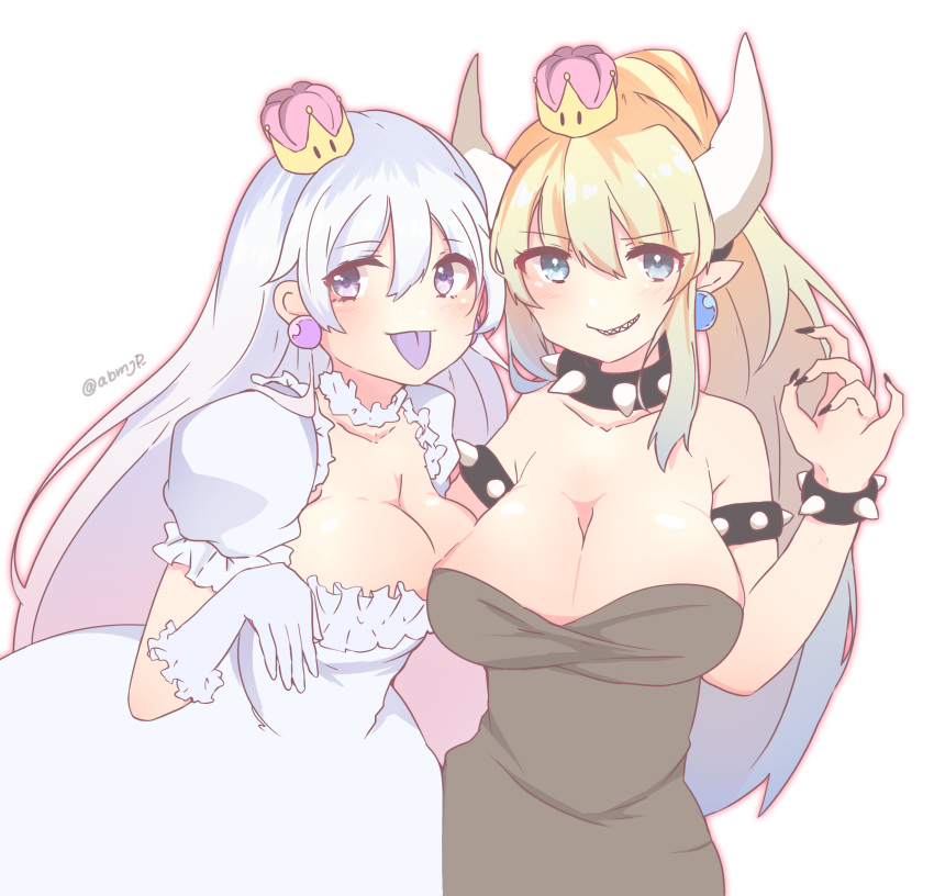 2girls absurdres akabuchi_glasses aqua_eyes bare_shoulders black_dress blonde_hair blush bowsette bracelet breasts cleavage collar collarbone commentary crown detached_collar dress earrings fingernails frilled_collar frilled_dress frilled_gloves frills gloves highres horns jewelry large_breasts long_fingernails long_hair long_ponytail looking_at_viewer luigi's_mansion super_mario_bros. mini_crown multiple_girls nail_polish new_super_mario_bros._u_deluxe nintendo pointy_ears princess_king_boo puffy_short_sleeves puffy_sleeves sharp_teeth short_sleeves sidelocks simple_background sleeveless sleeveless_dress smile spiked_armlet spiked_bracelet spiked_collar spikes strapless strapless_dress super_crown teeth tilted_headwear tongue tongue_out twitter_username violet_eyes white_background white_dress white_gloves white_hair