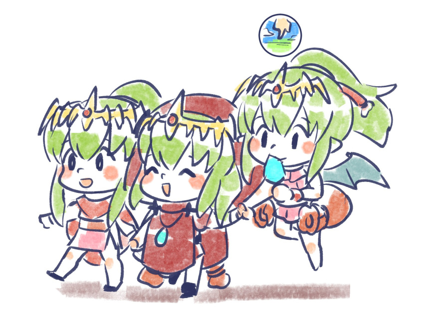 3girls ^_^ chibi chiki cloak closed_eyes closed_eyes dragon_wings dress fire_emblem fire_emblem:_mystery_of_the_emblem fire_emblem_heroes fishyupie food green_hair hand_holding highres hood hood_up long_hair mamkute multiple_girls multiple_persona nintendo open_mouth ponytail popsicle simple_background swimsuit tiara white_background wings