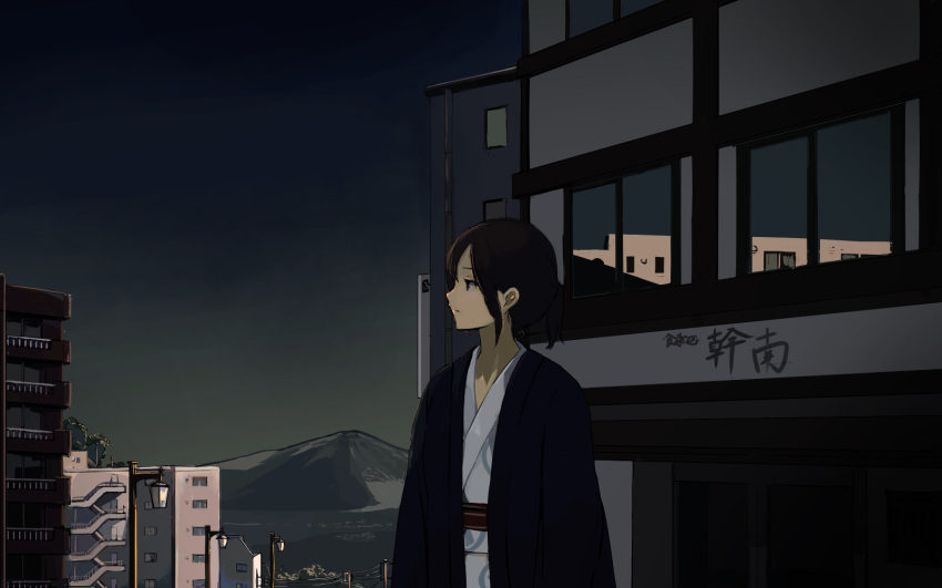 1girl apartment brown_hair dusk haori highres japanese_clothes kimono lamppost morakkyo_(mephilas_g3) mount_fuji obi original reflection sash short_hair twilight yukata