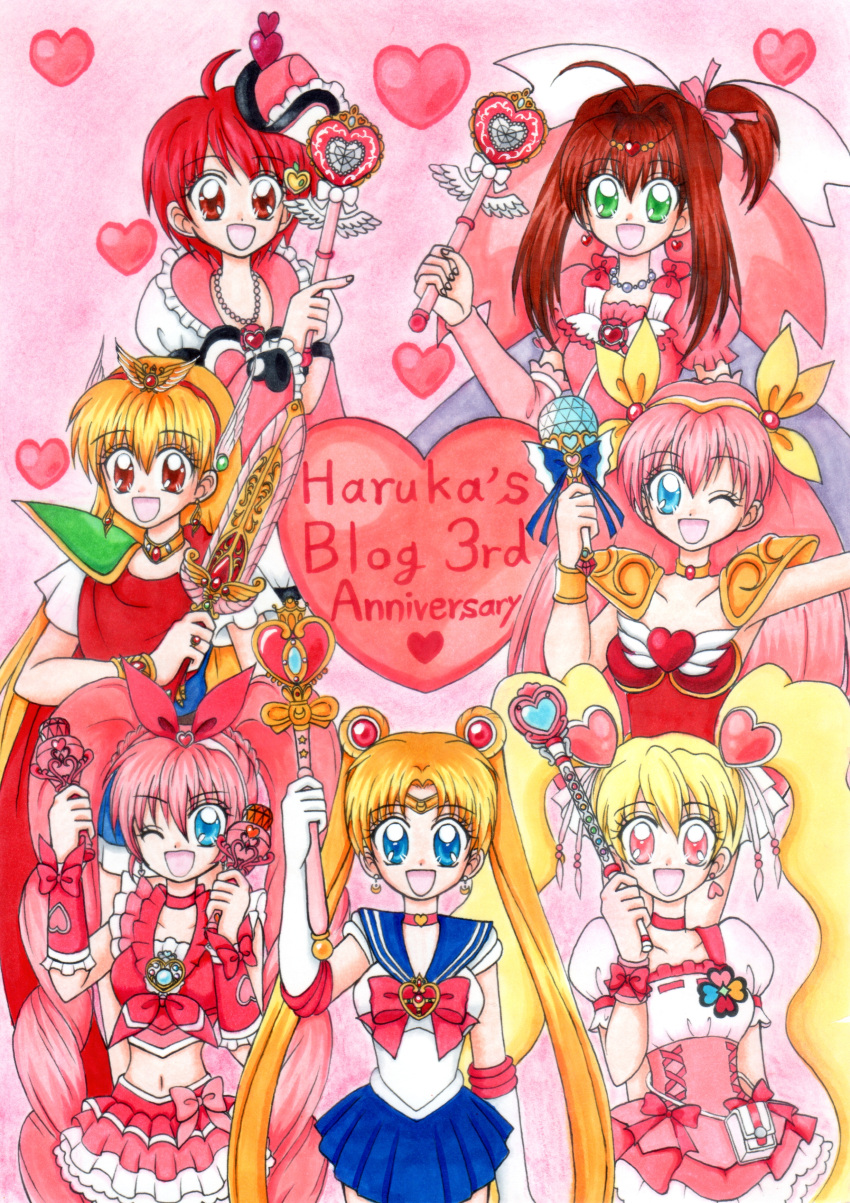 6+girls :d absurdres ahoge ai_tenshi_densetsu_wedding_peach akazukin_chacha anniversary armor bangs bishoujo_senshi_sailor_moon blonde_hair blue_eyes blue_sailor_collar blue_skirt bow breasts chacha_(akazukin_chacha) choker crescent crescent_earrings crossover cure_melody cure_peach double_bun dress earrings elbow_gloves english_text eyebrows_visible_through_hair fresh_precure! gloves green_eyes hair_bow hanasaki_momoko happy heart heart_choker heart_earrings highres holding holding_sword holding_wand holding_weapon houjou_hibiki jewelpet jewelpet_(series) jewelpet_twinkle jewelry kougyoku_rinko long_hair looking_at_viewer magical_girl magical_princess midriff miniskirt momozono_love multiple_crossover multiple_girls navel necklace open_mouth pink_hair pleated_skirt precure princess-heart puffy_short_sleeves puffy_sleeves red_bow red_choker red_eyes red_hair sailor_collar sailor_moon sailor_senshi_uniform sakura_akari short_sleeves shoulder_armor skirt smile spiral_heart_moon_rod suite_precure sword tsukino_usagi twintails very_long_hair wand weapon wedding_peach white_gloves yellow_bow yellow_choker