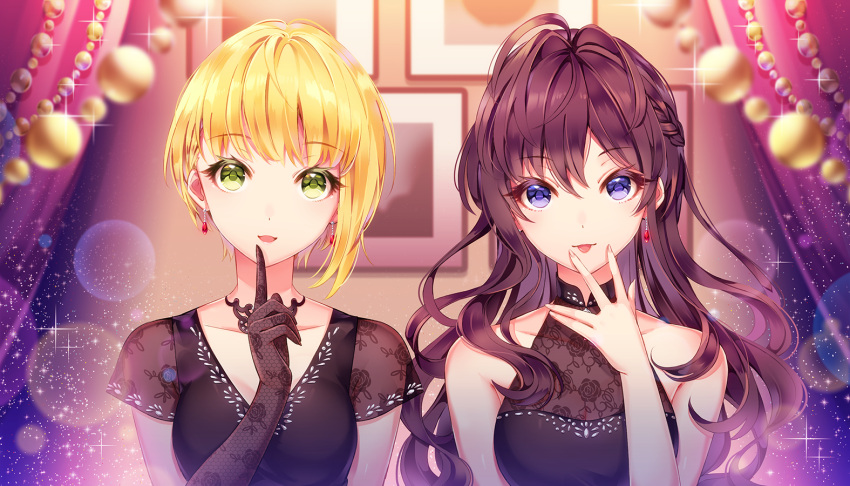 2girls :d black_dress black_gloves blonde_hair blue_eyes breasts brown_hair cleavage collarbone crazy_crazy_(idolmaster) dress earrings elbow_gloves eyebrows_visible_through_hair floating_hair gloves green_eyes hair_between_eyes ichinose_shiki idolmaster idolmaster_cinderella_girls index_finger_raised jewelry kina_(446964) lazy_lazy_(idolmaster) lens_flare long_hair looking_at_viewer medium_breasts miyamoto_frederica multiple_girls open_mouth short_hair sleeveless sleeveless_dress smile sparkle tongue tongue_out upper_body very_long_hair
