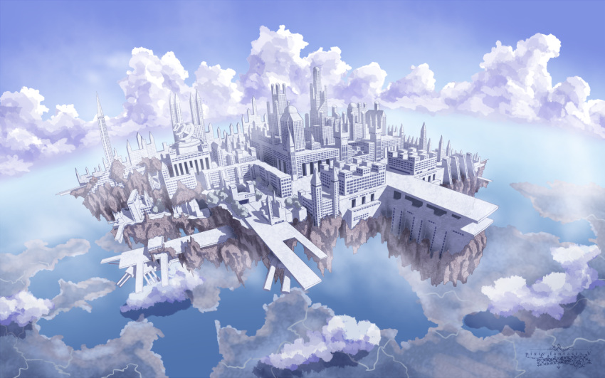 cityscape clouds day floating_city flying langjiao no_humans outdoors pixiv_fantasia pixiv_fantasia_5 scenery sky wallpaper