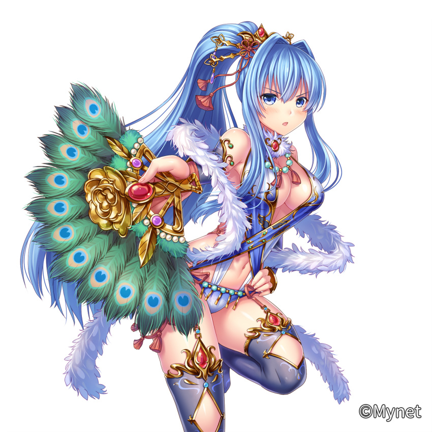 1girl bare_shoulders black_legwear blue_eyes blue_hair blue_panties blush breasts cleavage company_name fan feather_boa foreshortening garter_straps gem hair_intakes hair_ornament hair_stick highres holding holding_fan jewelry long_hair looking_at_viewer medium_breasts navel neckalce official_art open_mouth otosume_ruiko panties peacock_feathers ponytail ribbon sangoku_infinity simple_background solo standing standing_on_one_leg thigh-highs underwear very_long_hair white_background