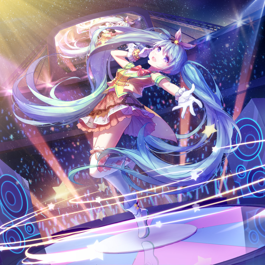 1girl :d absurdres aqua_hair argyle argyle_legwear armband bow concert crowd gloves glowstick hair_bow hand_up hatsune_miku headset highres long_hair musical_note musical_note_print night night_sky open_mouth red_bow red_skirt reflection skirt sky smile solo speaker stadium stage stage_lights star star_(sky) starry_sky television thigh-highs twintails very_long_hair violet_eyes vocaloid white_footwear white_gloves white_legwear yue_yue