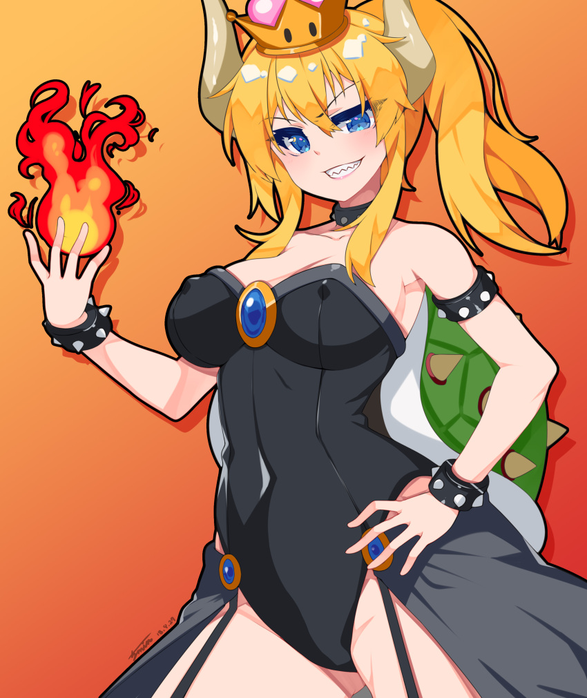 1girl absurdres bare_shoulders blonde_hair blue_eyes bowsette bracelet breasts cleavage collar crown dress earrings fire highres horns jewelry large_breasts long_hair looking_at_viewer super_mario_bros. new_super_mario_bros._u_deluxe nintendo pointy_ears ponytail sharp_teeth solo spiked_bracelet spiked_collar spiked_shell spikes super_crown teeth turtle_shell z1004ero