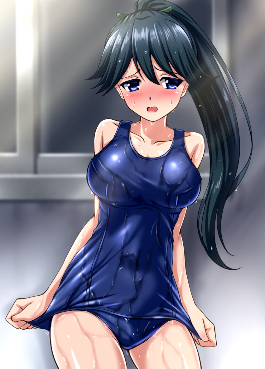 1girl alternate_breast_size alternate_costume blue_eyes blue_hair blue_swimsuit blush breasts building collarbone embarrassed hair_between_eyes high_ponytail highres houshou_(kantai_collection) kantai_collection large_breasts one-piece_swimsuit open_mouth outdoors ponytail school_swimsuit solo sunlight swimsuit wet wet_clothes wet_swimsuit zanntetu