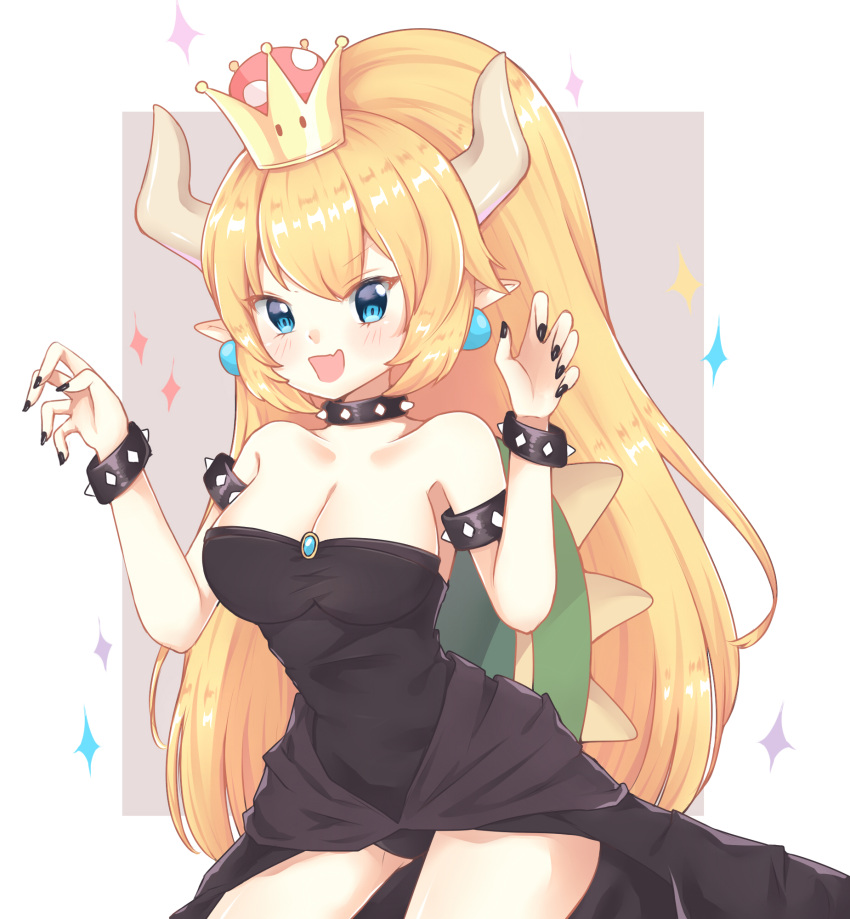 1girl :d armlet bangs bare_shoulders black_leotard black_nails blonde_hair blue_eyes blush bowsette bracelet breasts brown_background claw_pose cleavage collar commentary_request covered_navel earrings eyebrows_visible_through_hair fingernails gluteal_fold hands_up high_ponytail highres horns jewelry large_breasts leaning_forward leotard light_(luxiao_deng) long_hair super_mario_bros. nail_polish new_super_mario_bros._u_deluxe nintendo open_mouth pointy_ears ponytail sidelocks smile solo sparkle spiked_armlet spiked_bracelet spiked_collar spikes strapless strapless_leotard super_crown two-tone_background very_long_hair white_background