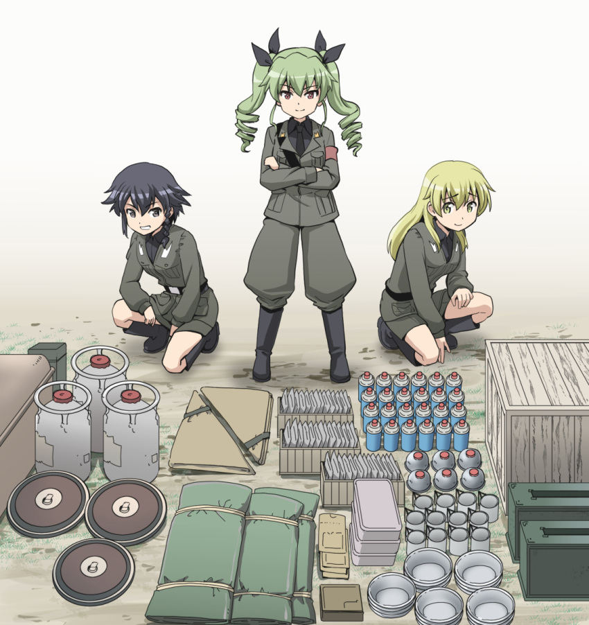 3girls anchovy anzio_military_uniform bangs belt black_belt black_footwear black_hair black_neckwear black_ribbon black_shirt blonde_hair boots box braid brown_eyes carpaccio closed_mouth commentary crossed_arms dress_shirt drill_hair eyebrows_visible_through_hair gas_tank girls_und_panzer green_eyes green_hair grey_jacket grey_pants grey_skirt grin hair_ribbon haniwa_(leaf_garden) highres jacket knee_boots long_hair long_sleeves looking_at_viewer military military_uniform miniskirt multiple_girls necktie one_knee outdoors pan pants pencil_skirt pepperoni_(girls_und_panzer) pot red_eyes ribbon riding_crop sam_browne_belt shirt short_hair side_braid skirt smile twin_drills twintails uniform