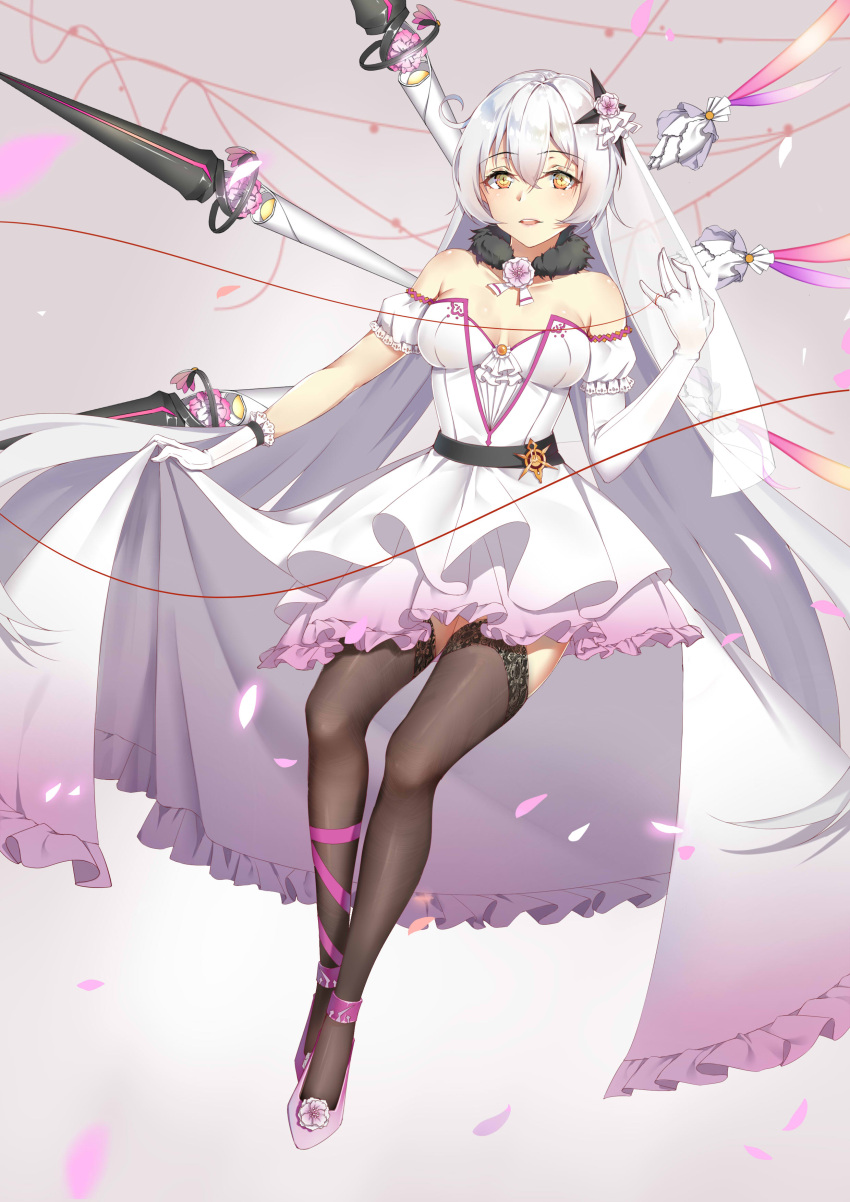 1girl absurdres asymmetrical_gloves bangs bare_shoulders brown_eyes brown_legwear collarbone commentary_request detached_sleeves dress elbow_gloves eyebrows_visible_through_hair flower frilled_dress frills full_body fur_collar gloves grey_background hair_between_eyes hair_ribbon hand_up highres honkai_impact kiana_kaslana lace lace-trimmed_thighhighs leg_ribbon parted_lips petals pink_flower pink_footwear puffy_short_sleeves puffy_sleeves purple_ribbon ribbon round_teeth shoes short_sleeves simple_background single_elbow_glove solo strapless strapless_dress teeth thigh-highs upper_teeth white_dress white_gloves white_ribbon yiyu_qing_mang