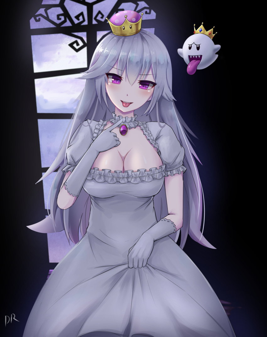 1girl artist_logo bangs black_eyes blush boo breasts brooch cleavage cowboy_shot crown danraz0r dress dresss elbow_gloves eyebrows_visible_through_hair ghost gloves hair_between_eyes highres jewelry large_breasts long_hair looking_at_viewer luigi's_mansion super_mario_bros. new_super_mario_bros._u_deluxe night nintendo pointing princess_king_boo puffy_short_sleeves puffy_sleeves sharp_teeth short_sleeves super_crown teeth tongue tongue_out violet_eyes white_dress white_gloves white_hair window