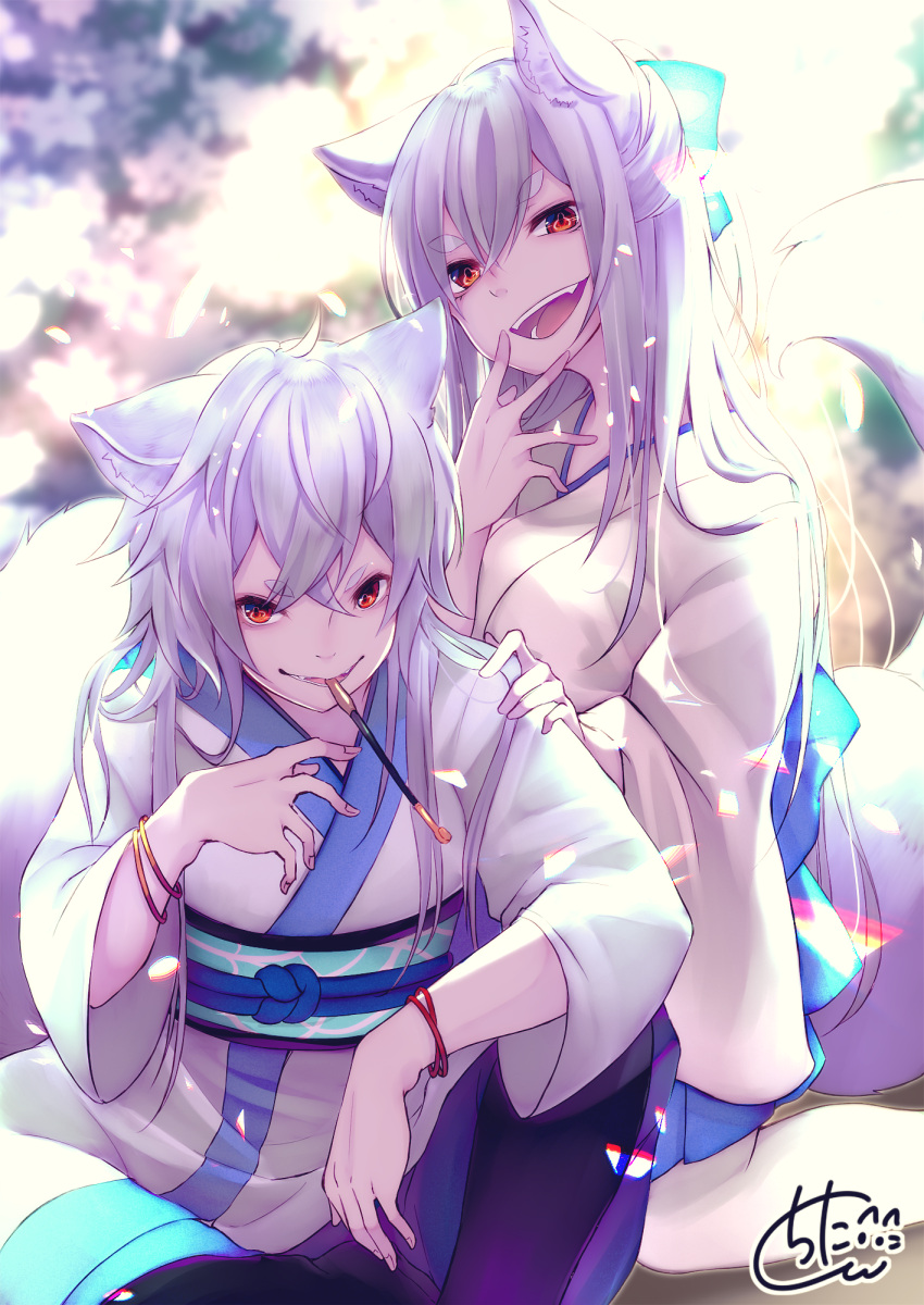 2girls :d animal_ears bangs blue_bow blue_skirt blurry blurry_background bow chita_(ketchup) commentary depth_of_field eyebrows_visible_through_hair fingernails fox_ears fox_girl fox_tail hair_between_eyes hair_bow hand_on_another's_shoulder hand_up head_tilt highres japanese_clothes kimono kiseru kneeling long_hair long_sleeves looking_at_viewer mouth_hold multiple_girls obi open_mouth original pantyhose pipe pleated_skirt red_eyes sash short_eyebrows short_kimono signature silver_hair sitting skirt smile tail tail_raised thick_eyebrows very_long_hair white_kimono white_legwear wide_sleeves