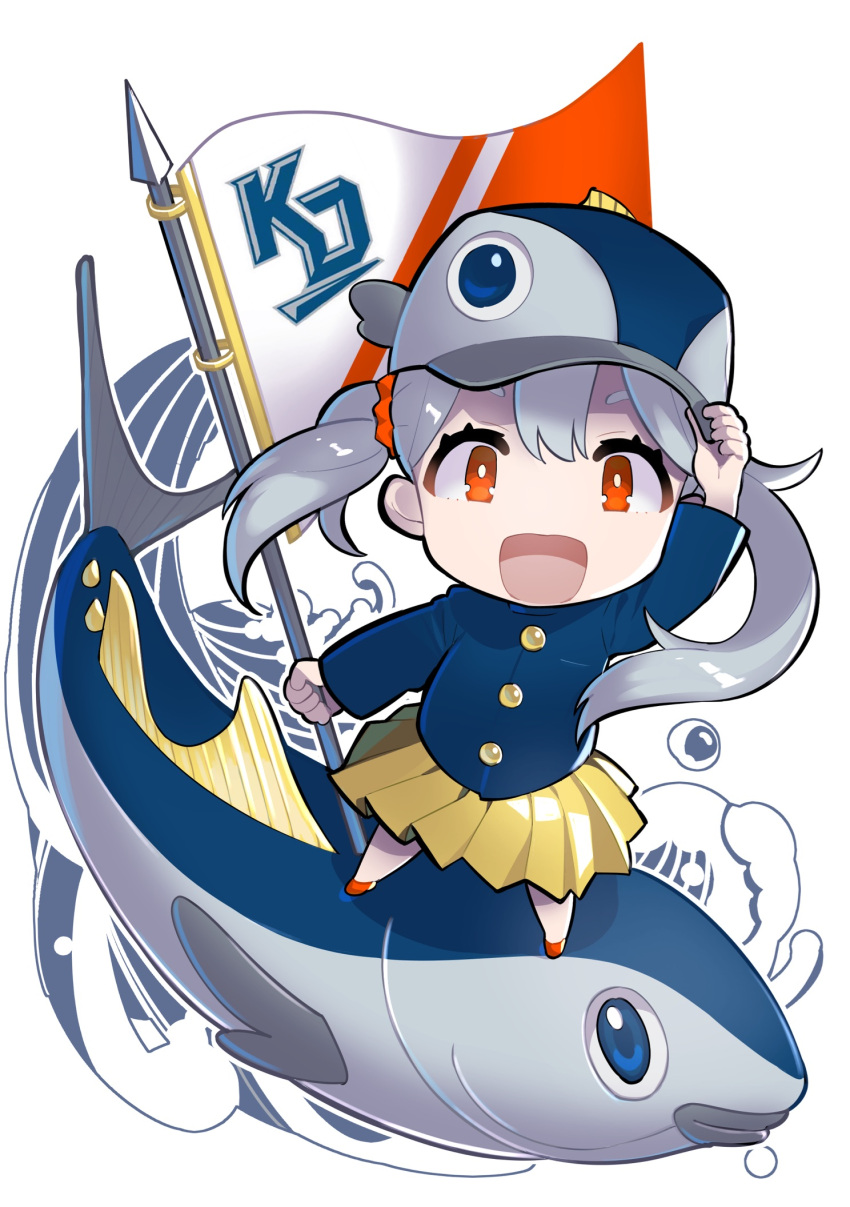 1girl :d animal arm_up bangs baseball_cap blue_eyes blue_jacket chibi commentary_request copyright_request fish fish_hat flag grey_hair hair_between_eyes hand_on_headwear hat highres holding holding_flag jacket long_hair long_sleeves omucchan_(omutyuan) open_mouth pleated_skirt red_eyes red_footwear shoes skirt smile solo standing twintails uneven_twintails very_long_hair white_background yellow_skirt