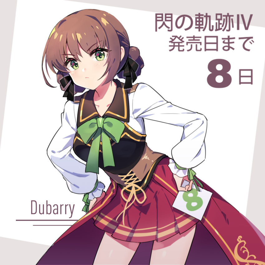 1girl bow bowtie breasts brown_hair character_name copyright_name corset cowboy_shot double_bun dress duvalie eiyuu_densetsu green_eyes grey_background hair_ribbon hands_on_hips highres leaning_forward long_sleeves looking_at_viewer medium_breasts miniskirt ribbon sen_no_kiseki sen_no_kiseki_4 sharlorc short_hair skirt solo two-tone_background white_background