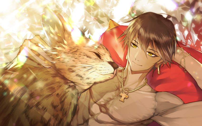 1boy abs ahoge brown_hair cat earrings fate/grand_order fate_(series) jewelry modern_afro necklace ozymandias_(fate) pectorals short_hair smile yellow_eyes