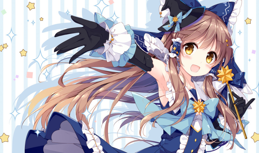 1girl :d alternate_costume armpits bangs black_gloves blue_bow blue_dress blue_neckwear blush bow brown_hair center_frills collared_shirt dress elbow_gloves eyebrows_visible_through_hair frilled_bow frilled_shirt_collar frills gloves hair_bow hair_ornament hair_tubes hakurei_reimu hat holding holding_wand long_hair looking_at_viewer mini_hat mini_witch_hat mochizuki_shiina open_mouth outstretched_arm pinky_out shadow shirt simple_background sleeveless sleeveless_dress smile solo sparkle star star_hair_ornament starry_background striped striped_background touhou upper_body vertical-striped_background vertical_stripes very_long_hair wand witch_hat wrist_cuffs yellow_eyes