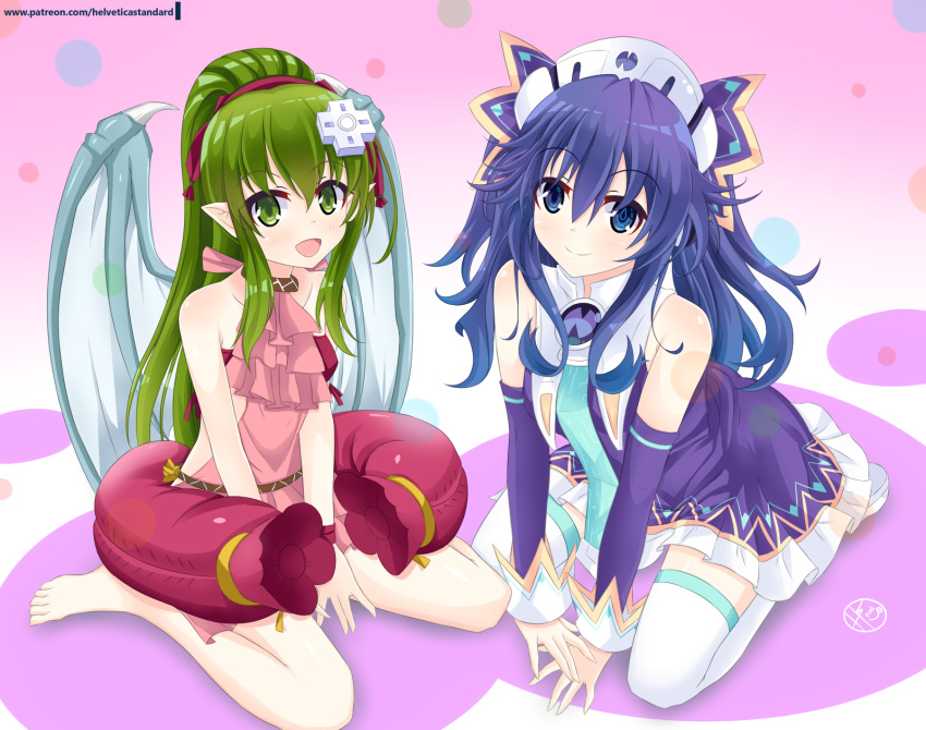 2girls blue_eyes blue_hair blush breasts chiki choujigen_game_neptune fire_emblem fire_emblem:_kakusei fire_emblem:_mystery_of_the_emblem fire_emblem_heroes green_eyes green_hair hair_ornament helvetica_5tandard highres long_hair looking_at_viewer lucina mamkute multiple_girls neptune_(series) nintendo one-piece_swimsuit open_mouth pointy_ears ponytail skirt smile swimsuit tiara wings