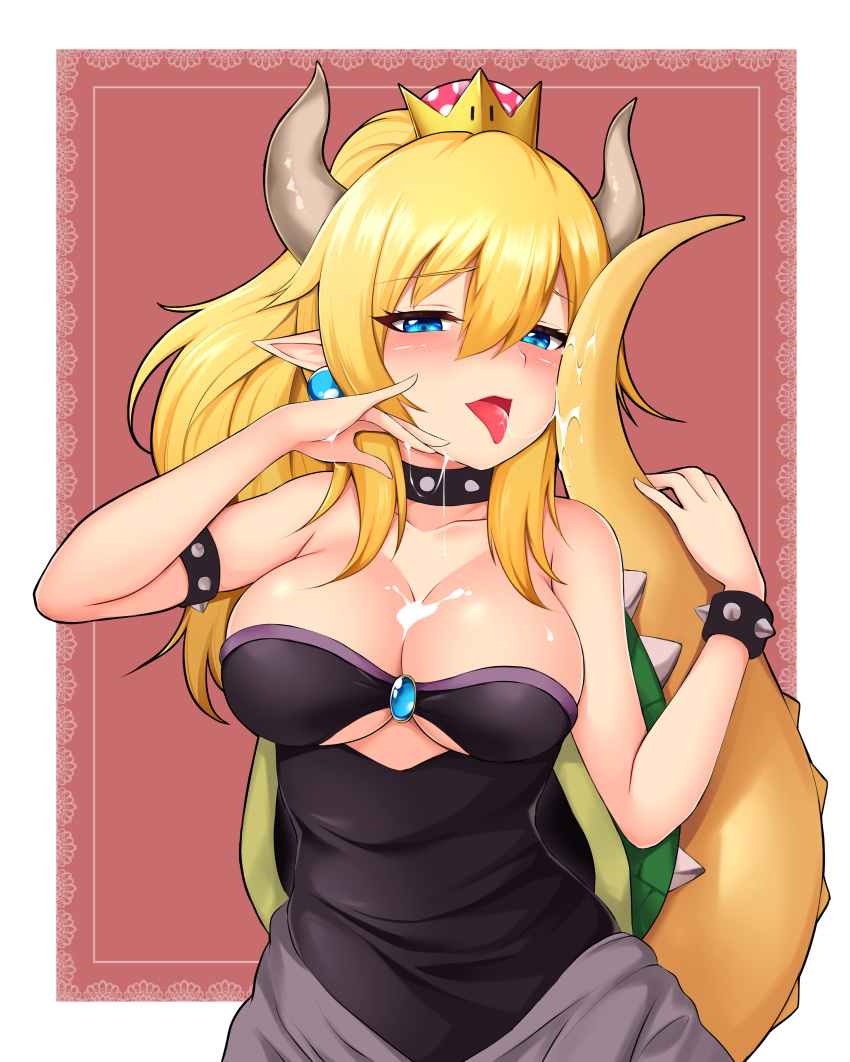 1girl absurdres armlet bangs bare_shoulders black_dress blonde_hair bloody0rabby blue_eyes blush bowsette bracelet breasts brooch cleavage collar collarbone crown dress earrings eyebrows_visible_through_hair hair_between_eyes highres horns jewelry large_breasts long_hair looking_at_viewer super_mario_bros. new_super_mario_bros._u_deluxe nintendo pointy_ears ponytail simple_background smile solo spiked_armlet spiked_bracelet spiked_collar spiked_shell spiked_tail spikes strapless strapless_dress super_crown tail tongue tongue_out turtle_shell upper_body