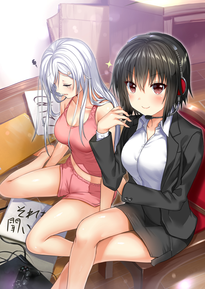 2girls aldehyde barefoot black_hair black_suit breasts brown_eyes chair closed_eyes collarbone commentary_request controller eyebrows_visible_through_hair formal game_controller hair_between_eyes hair_ornament hairclip headset highres imoko_(neeko's_sister) indoors large_breasts legs_crossed long_hair looking_at_viewer multiple_girls neeko original pink_shorts pink_tank_top shirt short_hair short_shorts shorts silver_hair sitting smile squiggle suit v-shaped_eyebrows wariza white_shirt