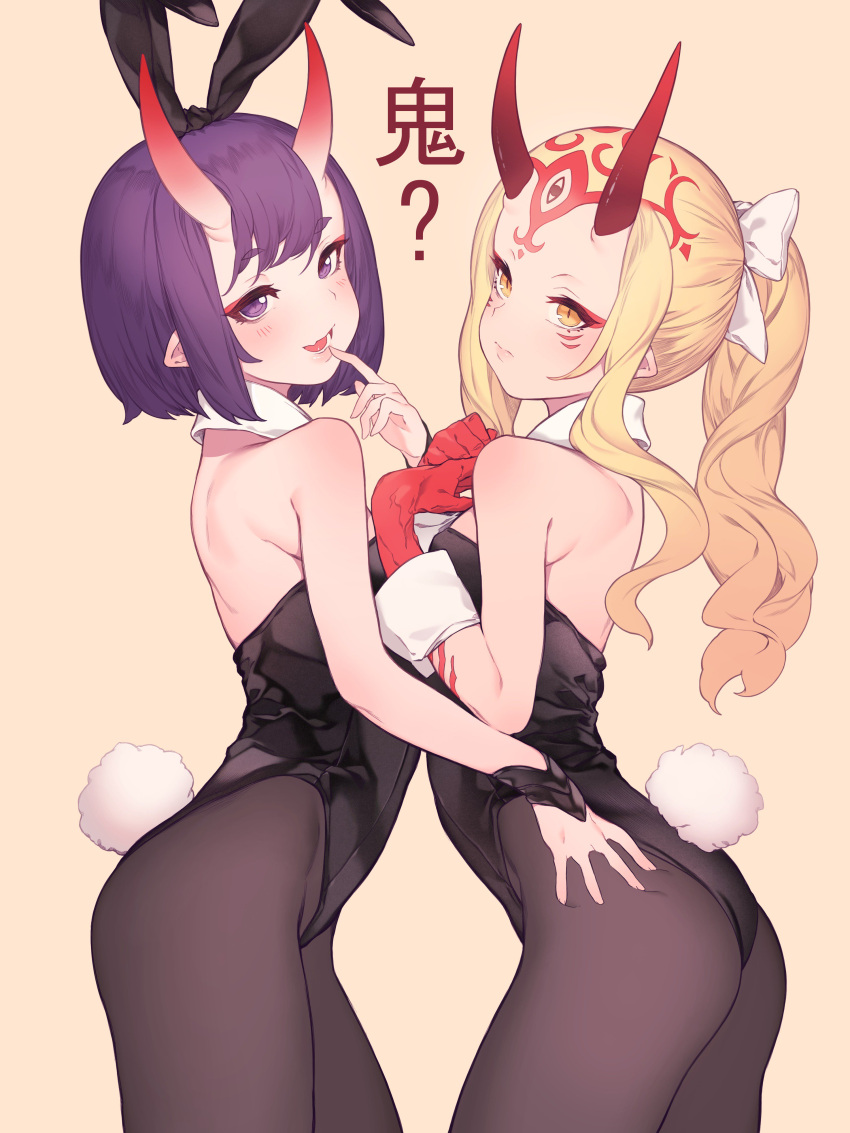 2girls absurdres animal_ears bare_shoulders black_leotard blonde_hair blush bob_cut bunny_girl bunny_tail bunnysuit closed_mouth demon_horns detached_collar eyeshadow facial_mark fate/grand_order fate_(series) finger_to_mouth forehead_mark from_side hand_on_another's_hip highleg highleg_leotard highres horns ibaraki_douji_(fate/grand_order) kapa19 leotard looking_at_viewer makeup multiple_girls oni oni_horns pantyhose parted_lips pointy_ears ponytail purple_hair rabbit_ears short_eyebrows short_hair shuten_douji_(fate/grand_order) sidelocks simple_background strapless strapless_leotard tail tattoo translated violet_eyes wrist_cuffs yellow_background yellow_eyes