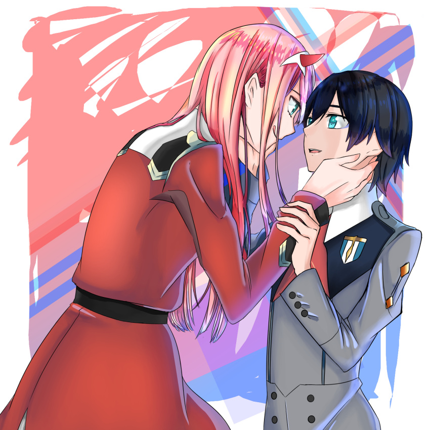 1boy 1girl bangs black_hair blue_eyes commentary_request cookie_uraaka couple darling_in_the_franxx dress face-to-face facing_another green_eyes grey_shirt hair_ornament hairband hand_on_another's_arm hand_on_another's_face hand_up hetero highres hiro_(darling_in_the_franxx) horns lipstick long_hair long_sleeves looking_at_another makeup military military_uniform necktie oni_horns pink_hair red_dress red_horns red_neckwear shirt tongue tongue_out uniform white_hairband zero_two_(darling_in_the_franxx)