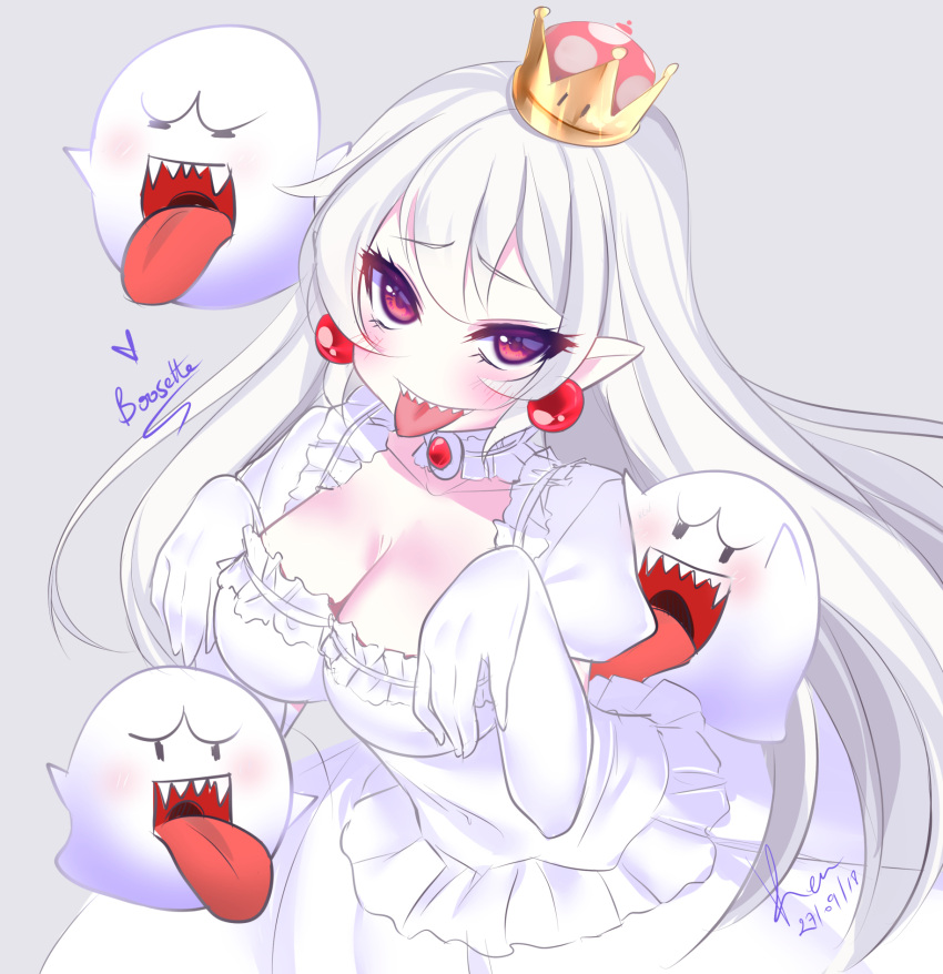 1girl bangs blush boo breasts brooch cleavage crown dated detached_collar dress earrings elbow_gloves eyebrows_visible_through_hair frilled_dress frills ghost gloves hair_between_eyes hands_up highres jewelry large_breasts long_hair looking_at_viewer luigi's_mansion super_mario_bros. new_super_mario_bros._u_deluxe nintendo open_mouth princess_king_boo puffy_short_sleeves puffy_sleeves red_eyes ren_mgk sharp_teeth short_sleeves signature simple_background sketch smile super_crown teeth tongue tongue_out white_dress white_gloves white_hair