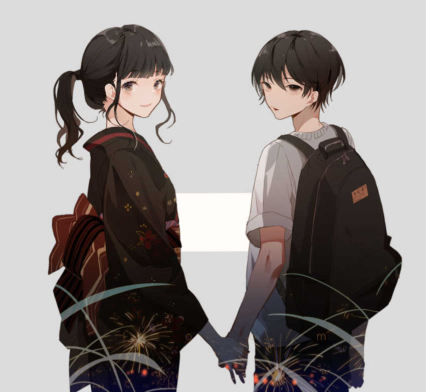 2girls backpack bag bangs black_kimono brown_eyes brown_hair closed_mouth eyebrows_visible_through_hair fingernails fireworks floral_print grey_background grey_shirt hair_between_eyes hair_tie hand_holding highres japanese_clothes kimono long_hair multiple_girls obi original ponytail print_kimono sash shirt short_hair short_sleeves sidelocks smile tongue tongue_out two-tone_background white_background zhibuji_loom