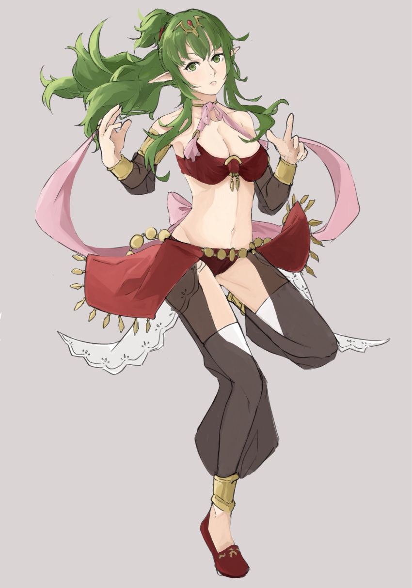 1girl alternate_costume breasts chiki cleavage closed_mouth fire_emblem fire_emblem:_kakusei fire_emblem_heroes full_body green_eyes green_hair grey_background highres long_hair mamkute medium_breasts midriff navel nintendo pointy_ears ponytail sakuuremi simple_background solo standing standing_on_one_leg tiara
