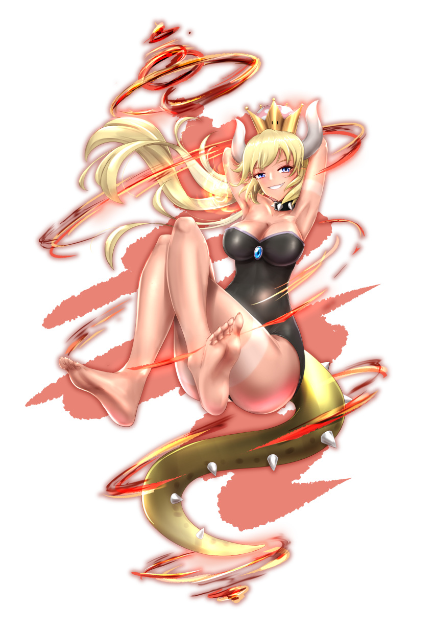 1girl absurdres armpits arms_behind_head arms_up bare_shoulders blonde_hair blue_eyes blush bowsette bracelet breasts cleavage collar crown dress earrings highres horns jewelry large_breasts long_hair looking_at_viewer super_mario_bros. nintendo p_ion pointy_ears ponytail sharp_teeth shell solo spiked_bracelet spiked_collar spikes super_crown tail tan tanline teeth
