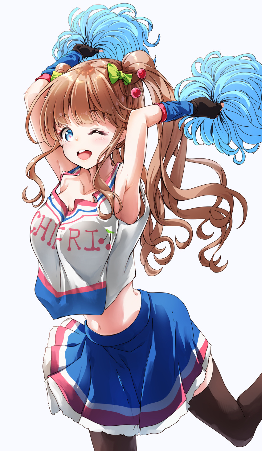 .live 1girl ;d absurdres arms_up black_gloves black_legwear blue_eyes blue_skirt bow breasts brown_hair character_name cheerleader cleavage clothes_writing darjeeling_(reley) fingerless_gloves gloves green_bow hair_bow highres holding kakyouin_chieri large_breasts long_hair looking_at_viewer midriff navel one_eye_closed open_mouth pleated_skirt pom_poms round_teeth shirt skirt smile solo standing standing_on_one_leg symbol-shaped_pupils teeth thigh-highs twintails upper_teeth very_long_hair virtual_youtuber white_shirt