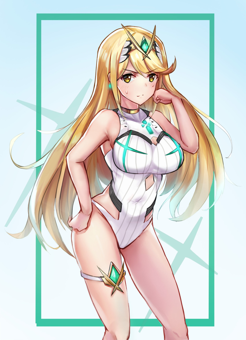 1girl absurdres angry armor bangs bare_shoulders blonde_hair blush breasts earrings headpiece highres mythra_(xenoblade) jewelry large_breasts long_hair looking_at_viewer nintendo swept_bangs swimsuit thigh_strap tiara xenoblade_(series) xenoblade_2 yellow_eyes yellowgua