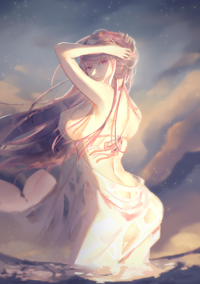 1girl absurdres arm_up backless_dress backless_outfit bare_shoulders breasts brown_hair dress highres kyoya large_breasts long_hair looking_at_viewer original outdoors pink_eyes smile solo standing water white_dress