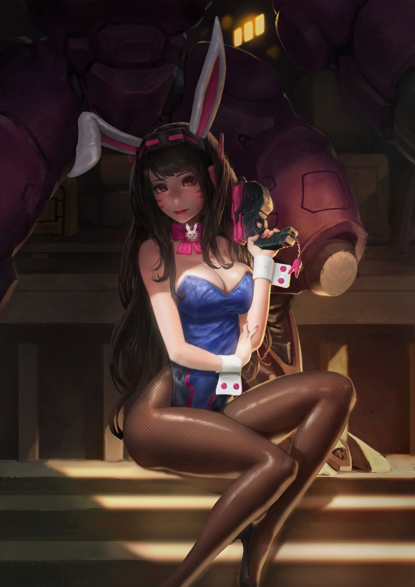 1girl animal_ears bangs bare_shoulders black_hair blue_leotard bow bowtie breasts brown_legwear bunny_girl bunnysuit cleavage cowboy_shot d.va_(overwatch) detached_collar fake_animal_ears fishnet_pantyhose fishnets gun handgun headphones highres holding holding_weapon large_breasts leotard lexaiduer lipstick long_hair makeup mecha meka_(overwatch) nail_polish nose overwatch panties pantyhose pistol rabbit_ears shadow sitting solo strapless strapless_leotard swept_bangs underwear weapon whisker_markings wrist_cuffs