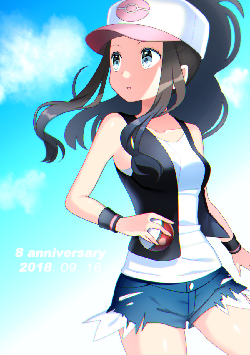 1girl 2018 absurdres black_jacket blue_eyes blue_shorts blue_sky breasts brown_hair clouds collarbone cowboy_shot creatures_(company) dated denim denim_shorts floating_hair game_freak hat high_ponytail highres holding holding_poke_ball jacket long_hair medium_breasts nintendo open_clothes open_jacket open_mouth poke_ball poke_ball_print pokemon pokemon_(game) pokemon_bw shirt short_shorts shorts sky sleeveless sleeveless_jacket sleeveless_shirt solo standing torn_clothes torn_shorts touko_(pokemon) very_long_hair white_hat white_shirt wristband yuihiko