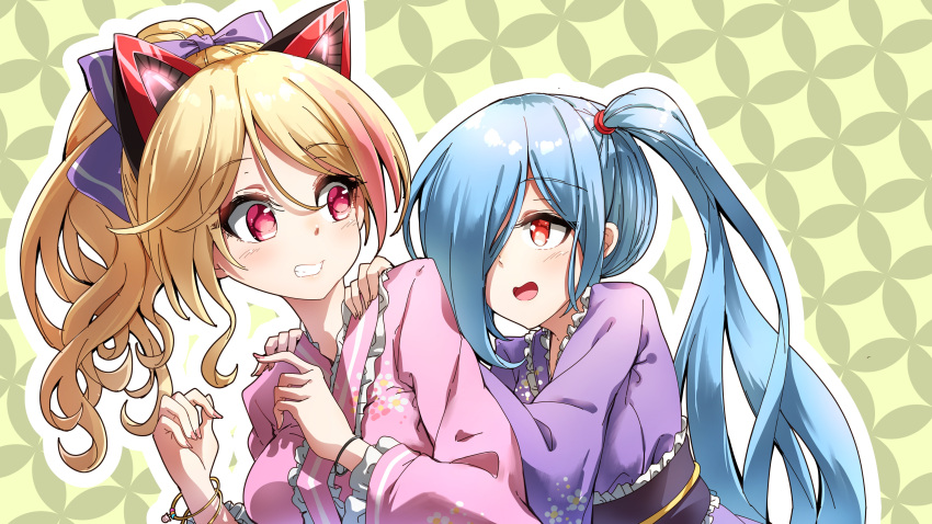 .live 2girls absurdres animal_ears bangle bangs blonde_hair blue_hair blush bow bracelet cat_ears character_request darjeeling_(reley) eyebrows_visible_through_hair fake_animal_ears fingernails floral_print frilled_kimono frills glowing grin hair_between_eyes hair_bow hair_over_one_eye hands_on_another's_shoulders hands_up high_ponytail highres japanese_clothes jewelry kimono long_hair long_sleeves looking_at_another looking_back multicolored_hair multiple_girls nail_polish obi open_mouth pink_hair pink_kimono pink_nails ponytail print_kimono purple_bow purple_kimono red_eyes sash side_ponytail smile streaked_hair very_long_hair virtual_youtuber wide_sleeves