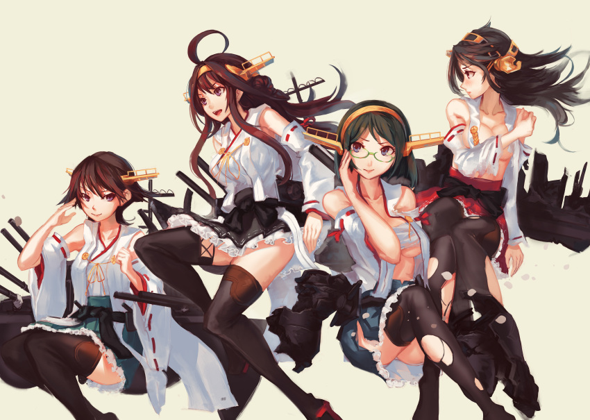 4girls absurdres ahoge bare_shoulders black_hair boots breasts brown_hair covering covering_breasts detached_sleeves double_bun glasses hairband haruna_(kantai_collection) headgear hiei_(kantai_collection) highres huge_filesize japanese_clothes kantai_collection kirishima_(kantai_collection) kongou_(kantai_collection) large_breasts long_hair multiple_girls no_legwear nontraditional_miko open_clothes revision saimon_ma short_hair thigh-highs thigh_boots torn_clothes torn_thighhighs