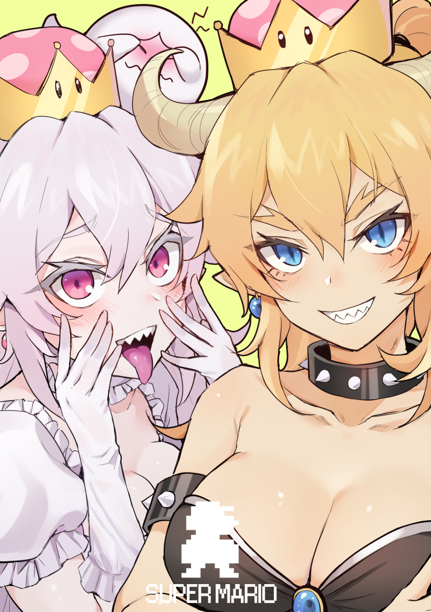 2girls absurdres bare_shoulders blonde_hair blue_eyes blush boo bowsette breasts cleavage clenched_teeth collar collarbone crown earrings eyebrows eyebrows_visible_through_hair gloves green_background highres horns jewelry jingo large_breasts long_hair looking_at_viewer luigi's_mansion super_mario_bros. multiple_girls new_super_mario_bros._u_deluxe nintendo open_mouth pale_skin pink_eyes pointy_ears ponytail princess_king_boo puffy_short_sleeves puffy_sleeves sharp_teeth short_hair short_sleeves silver_hair simple_background slit_pupils smile spiked_collar spikes super_crown teeth tongue tongue_out upper_body white_gloves