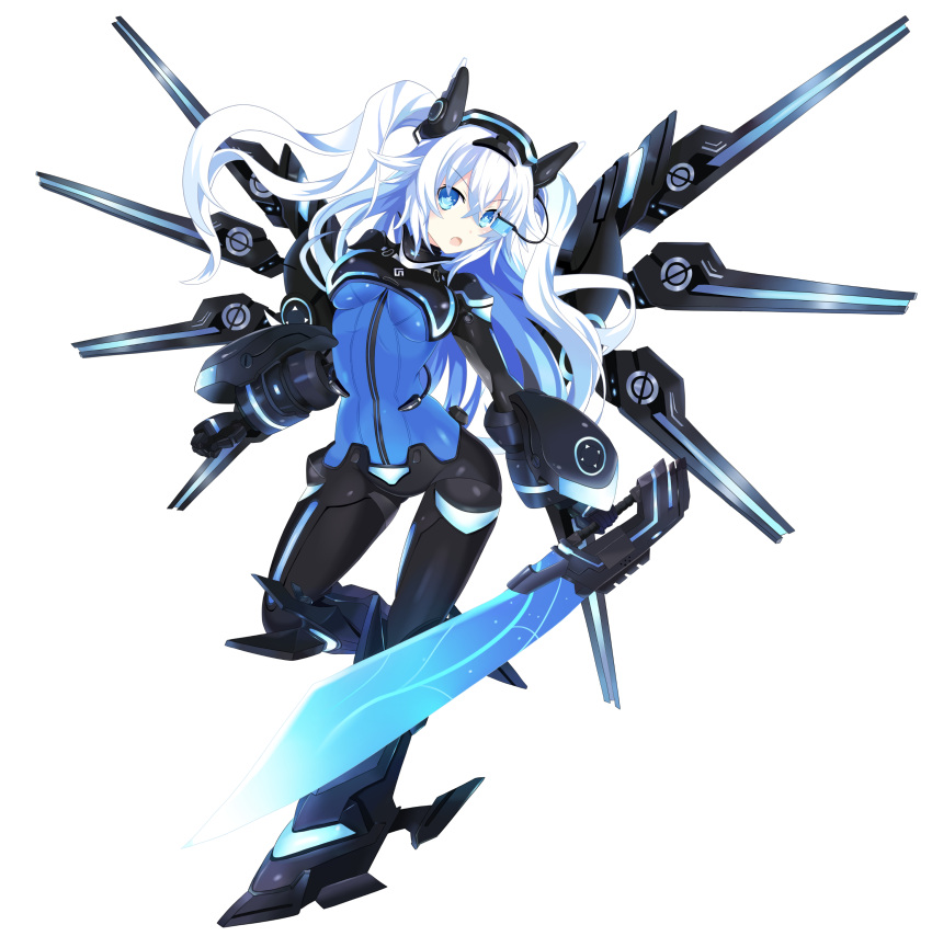1girl absurdres armored_boots black_heart blue_eyes boots breasts eyebrows_visible_through_hair gauntlets hair_between_eyes headgear highres holding holding_weapon long_hair medium_breasts neptune_(series) next_black open_mouth ramu-on@_shinon shin_jigen_game_neptune_vii simple_background solo sword symbol-shaped_pupils visor weapon white_background white_hair