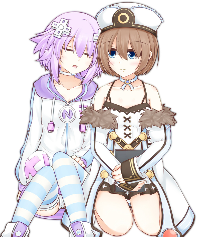2girls amo_chenbe bare_shoulders blanc blue_eyes blush breasts brown_hair choker cleavage closed_eyes coat collarbone commentary_request d-pad d-pad_hair_ornament dress hair_between_eyes hair_ornament hat highres hood hooded_jacket jacket knees_together_feet_apart knees_up long_sleeves looking_at_another multiple_girls neptune_(choujigen_game_neptune) neptune_(series) open_mouth panties pantyshot pantyshot_(sitting) purple_hair seiza short_hair shoulder-to-shoulder simple_background sitting sleeping sleeping_on_person sleeping_upright small_breasts smile spaghetti_strap striped striped_legwear thigh-highs underwear usb white_background white_choker white_dress